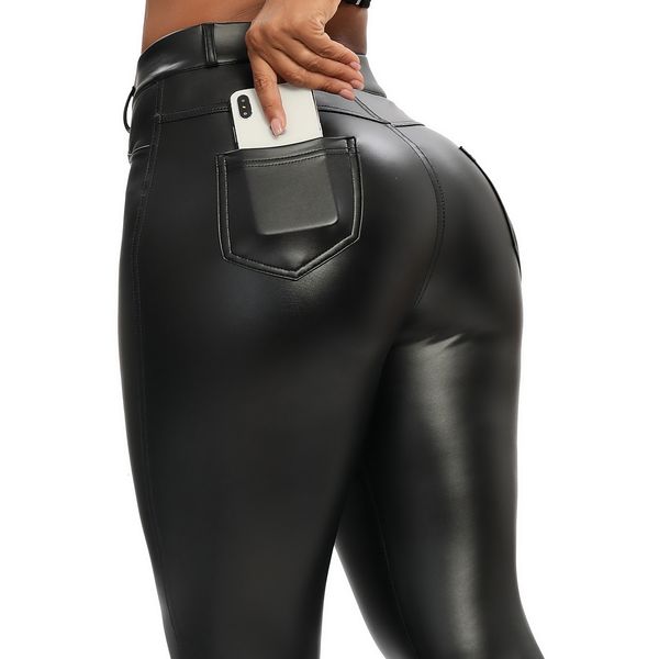 Leggings de mujer Invernal de cuero negro Piernas largas Apriete de mujeres Pantalones de bolsillo PU de bolsillo largo Pu Puerto de terciopelo delgado Estirar las piernas largas sexy 230424