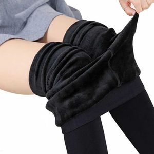 Leggings voor dames winter warme leggins hoge taille vaste kleur fluweel rekbaar zwart T221014