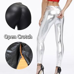 Dames leggings vrouw leer open kruis sexy sport skinny flash pu slipjes verborgen ritssluiting voor een paar buiten sekskostuum broek