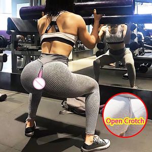 Women's Leggings Woman Sexy Open Crotch met verborgen ritsen Mesh Fishnet Style Crotchless broek Elastische push -up slipjes Meisje Outdoor Seks