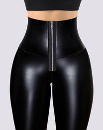 Dames leggings dames broek herfst mode casual hoge taille zipper vlak buikcontrole bulift pu lederen mager dag lang lang