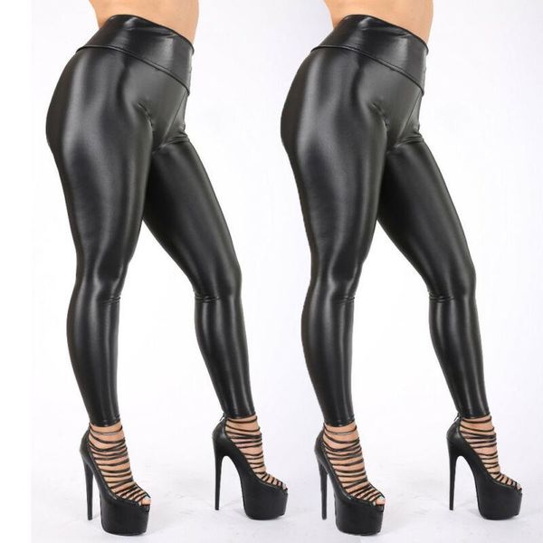 Leggings para mujeres Mujeres Black Movente Faux Faux Moto PU Puerta de ropa de pierna de cintura alta Pantalones delgadas