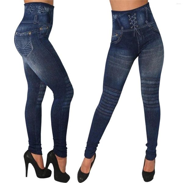 Leggings femmes femmes élastique jean imprimer Imitation Denim Legging taille haute Push Up pantalon sport serré entraînement Fitness Leggins