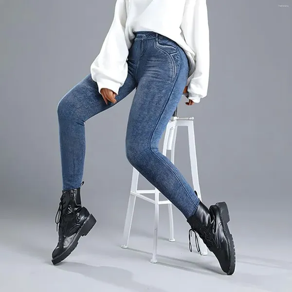 Leggings para mujer Mujeres Cintura elástica Alta imitación Denim Bolsillo 80% algodón Invierno Fleece Trajes de oficina apretados para