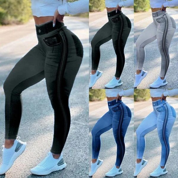Leggings Femmes Femmes Faux Denim Jeans Sport Élastique Taille Haute Slim Pantalon De Yoga Dames Pantalon En Plein Air Femme