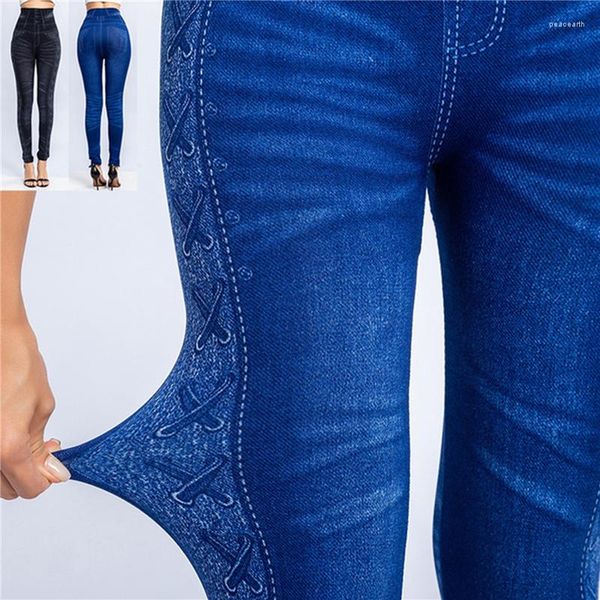 Leggings pour femmes femmes Imitation en détresse Denim Jeans décontracté taille haute mince élastique crayon pantalon Fitness entraînement mode pantalon