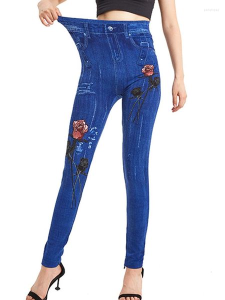 Leggings Femme Pantalon Femme Imprimer Jegging Sans Couture Sexy Fille Polyester Taille Haute Faux Jeans Denim Rose Fleur Imprimé Fitness Leggins