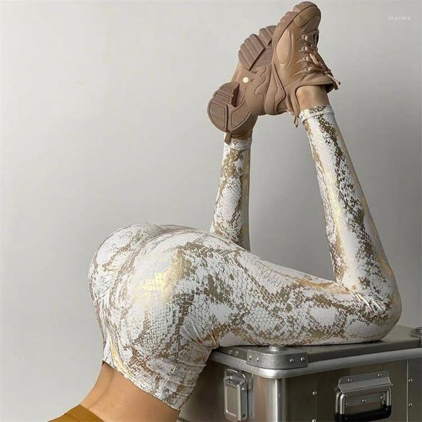 Leggings para mujer Mujeres Patrón de pitón Estampado brillante dorado Pantalones de botín sin costuras Fitness Entrenamiento de cintura alta Sexy Yoga BuLift