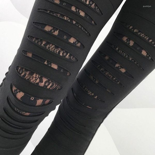 Leggings de mujer Estilo de moda de mujer Sexy Encaje Rasgado Agujero rasgado Hasta el tobillo Pantalones Pantalones de verano Negro XXL Tallas grandes