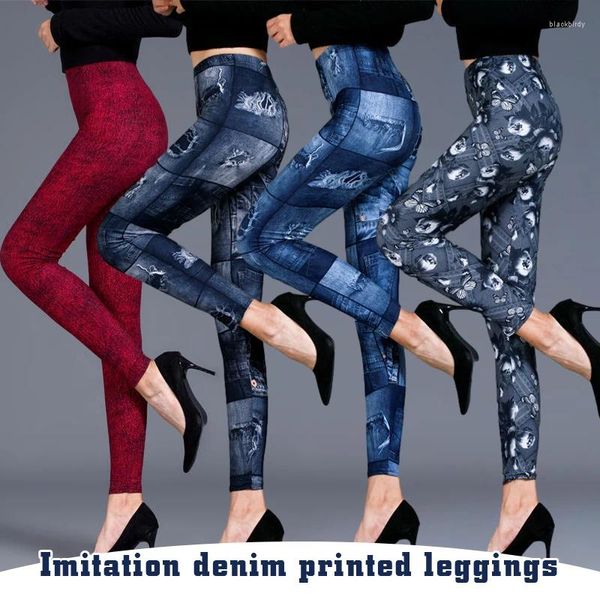 Leggings Femmes Femmes Sexy Imitation Denim Modèle Imprimé Pantalon Skinny Printemps Automne Collants Minces Satin Opaque Pantalon Extensible