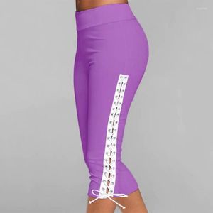 Women's Leggings vrouwen sportieve broek vaste kleur ademende zijde veter uit holle bodems hoge taille slanke capri elastisch verband