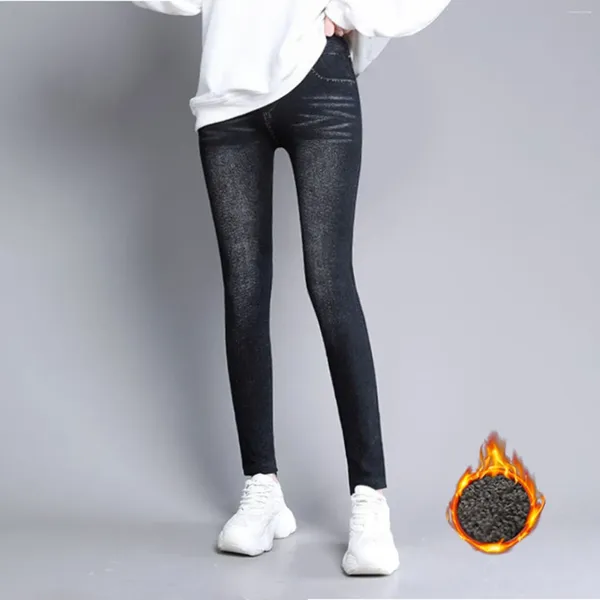 Leggings de mujer Pantalones de lápiz de terciopelo para mujer Cintura elástica Alta imitación Denim Otoño Invierno Ropa Pantalones térmicos