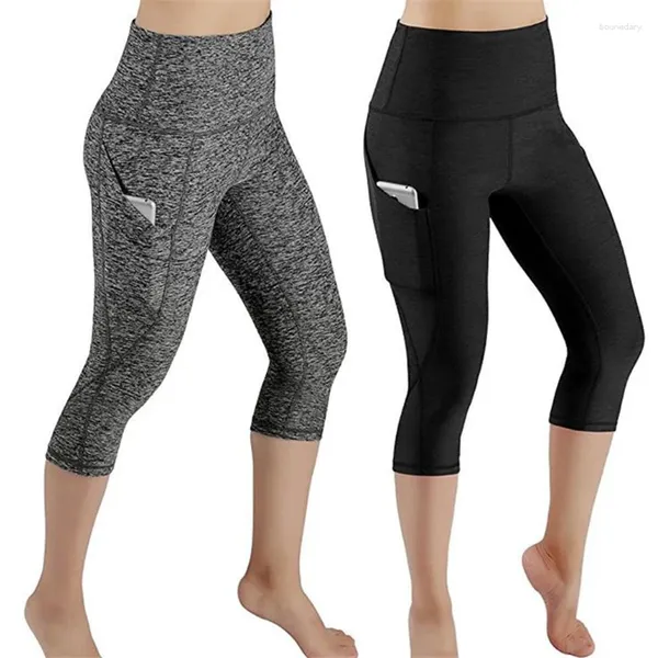 Leggings féminins Pantalons de yoga pour femmes Sport Fitness Gym High Waist Pockets Design Sporting Calf-Length Capri Pant