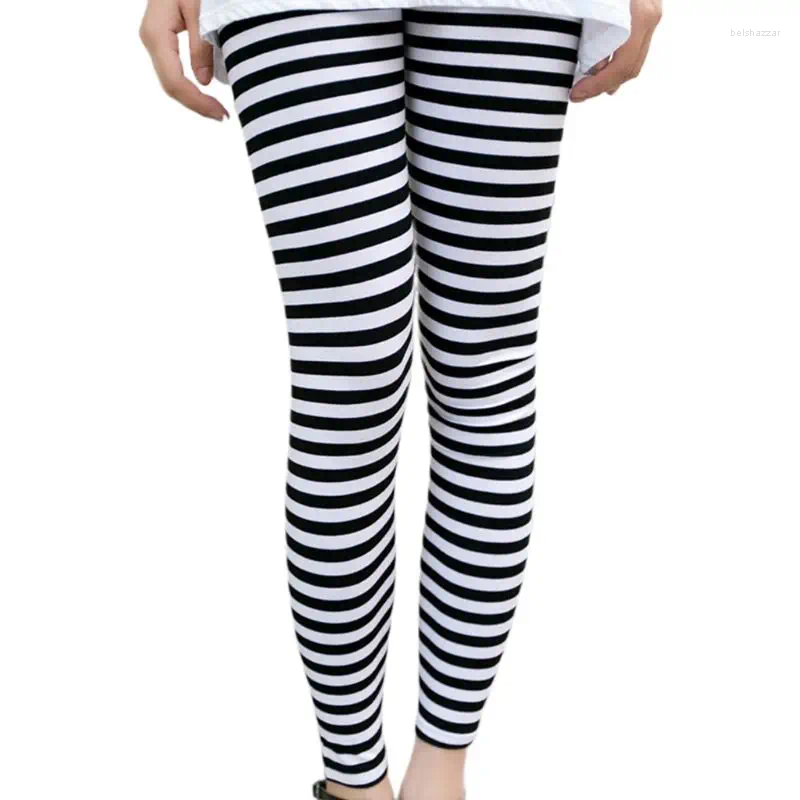 Kobiety legginsy damskie jesienne kostkę długość chuda czarny biały poziomy w paski do drukowania spodnie rozciągają swobodne rajstopy pullover