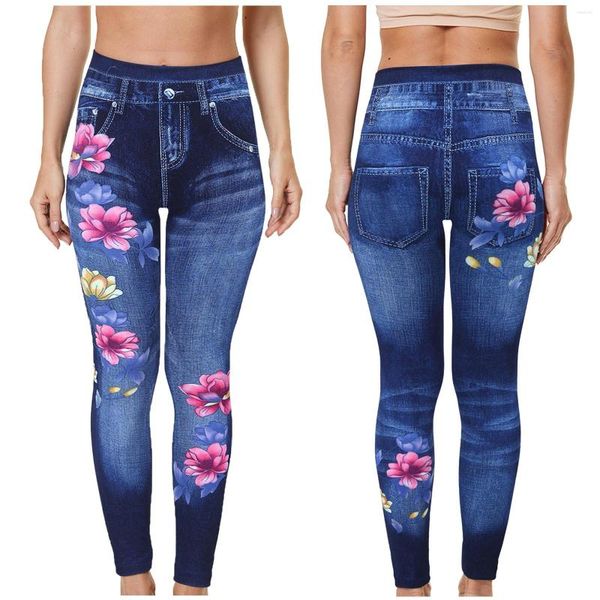 Leggings pour femmes pantalons de survêtement classiques pour femmes élastique taille haute élégant fleur Denim imprimé Sexy Stretch pantalon d'hiver