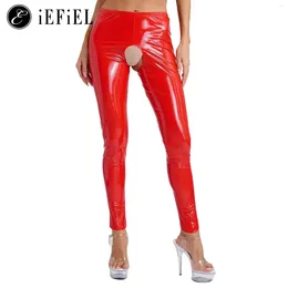 Leggings Femmes Femmes Wet Look PVC Cuir Ouvert Entrejambe BuLeggings Taille Haute Collants Sans Crotch Pantalon Sexy Stretchy Tousers Clubwear