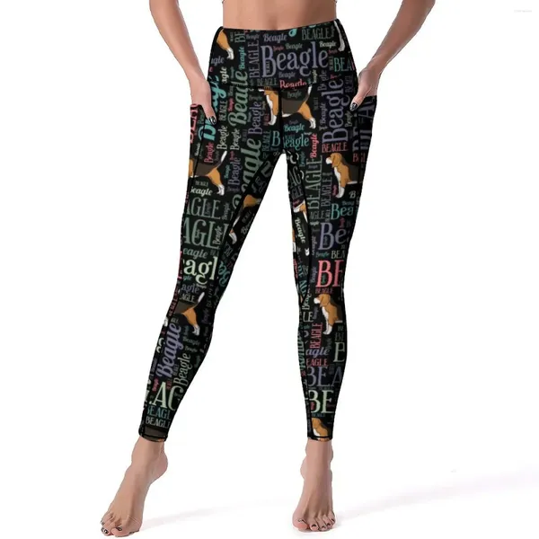 Leggings para mujer con estampado de palabras, sexy, con letras de Beagle, pantalones de yoga, cintura alta, elásticos, deportivos, con bolsillos, leggins con gráficos dulces