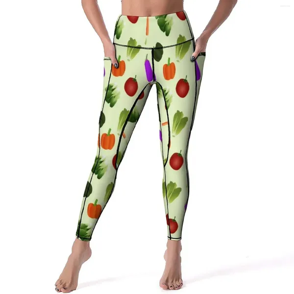 Leggings pour femmes Journée végétarienne mondiale Légumes sexy Imprimer Pantalon de yoga de gymnastique Push Up Collants de sport extensibles Poches Leggins respirants