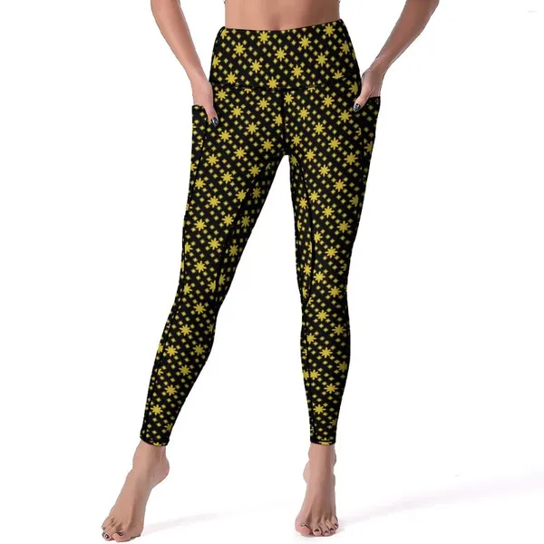 Leggings de mujer Pantalones de yoga con margaritas amarillas con bolsillos Estampado floral lindo Sexy Cintura alta Medias deportivas divertidas Leggins de entrenamiento con gráficos