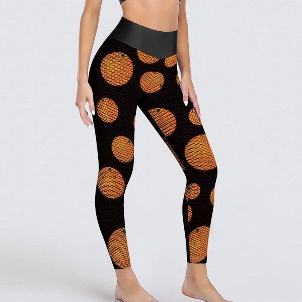 Leggings de mujer Pantalones de yoga de naranjas amarillas Diseño de estampado de frutas sexy Leggins de entrenamiento de cintura alta Medias deportivas sin costuras dulces para mujer