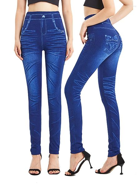 Leggings de mujer YRRETY Pantalones de mujer Deportes Fitness Pantalones de mezclilla de cintura alta S-3XL Vintage Jeans falsos Jeggings elásticos de talla grande