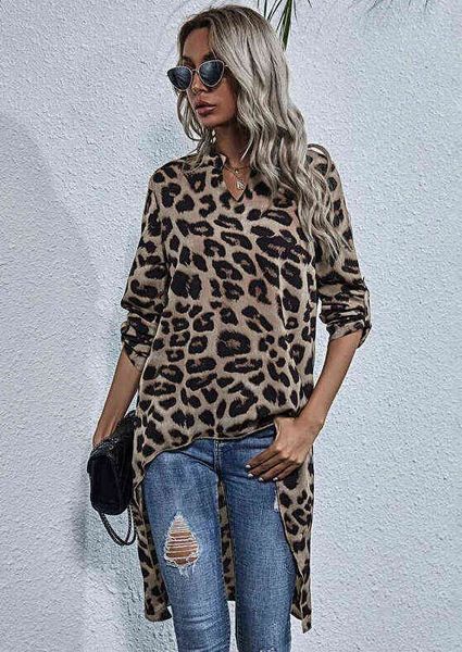 Blusas largas con estampado de leopardo para mujer, camisa Irregular, parte delantera corta, espalda larga, cuello en V, Top de manga larga para mujer, ropa de calle 2020 H1230