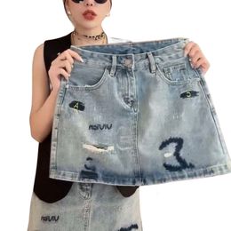Jupe courte en jean denim trapèze taille haute avec lettres brodées pour femmes SMLXLXXL