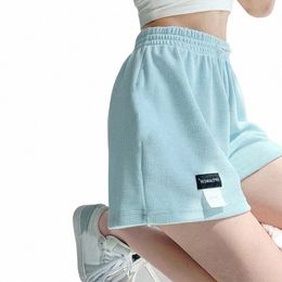 Lettre de l'étiquette des femmes Shorts taille haute Shorts de sport bas amples décontracté esthétique élastiques Shorts femme solide Homewear K08Q #