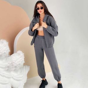 Lettre pour femmes Couleur unie Sportswear 2 Deux pièces Ensemble Automne Pull à capuche à fermeture éclair et pantalon à taille élastique Costume décontracté 210527