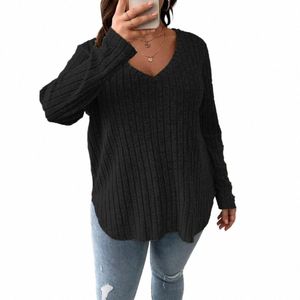 Femmes Lg manches col en V solide pull en tricot hauts dames décontracté chemisier ample grande taille vêtements 2023 XL-5XL X5eS #