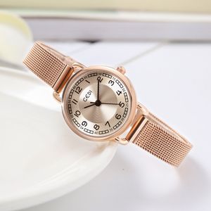 Dameslicht luxe mode temperament ronde wijzerplaat eenvoudige digitale schaal roestvrij staal gaas met waterdicht quartz horloge