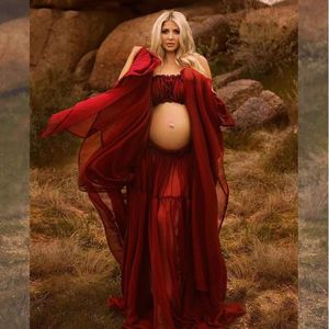 Lange jurken met dames zwangerschapsjurken voor fotoshoot zwangerschapskleding Chiffon Off schoudergolfde semi -transparante fotografie