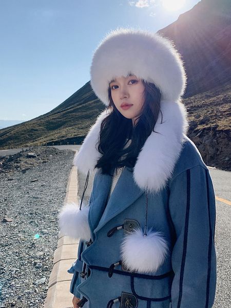 Chapeau long en vraie fourrure de renard pour femmes hiver chaud Shapka Ushanka casquette peau entière russe avec écharpe de cou