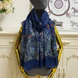 écharpe longue femme écharpes châle 100% cachemire bleu foncé imprimé fleurs grande taille 200cm - 100cm