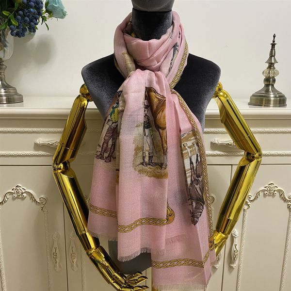 Bufanda larga para mujer, chal pashmina, buena calidad, 100% material de cachemira, fino y suave, estampado rosa, patrón de caballo, tamaño grande 200cm -100cm
