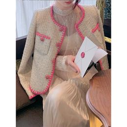 Veste rose à manches longues pour femmes, bloc de couleurs, col rond, manteau en laine tweed à boutonnage simple SMLXLXXL