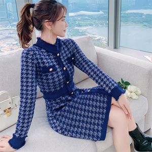 Dames jurk met lange mouwen O-hals blauw Houndstooth plaid gird gird bodycon tunic potloodvestidos268r