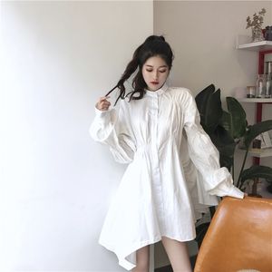 Camisa de manga larga para mujer Vestidos Otoño Coreano Diseño irregular Cintura alta Vestido blanco Mujer Vestidos PL160 210506