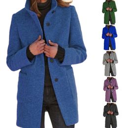 Opstaande kraag damesjas met lange mouwen, enkele rij knopen, winterjas van wolmix, lange jas, casual winterjas 240112