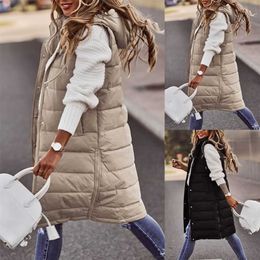 Manteau d'hiver long pour femmes gilet à capuche sans manches poches chaudes veste matelassée femme en plein air 40 211120
