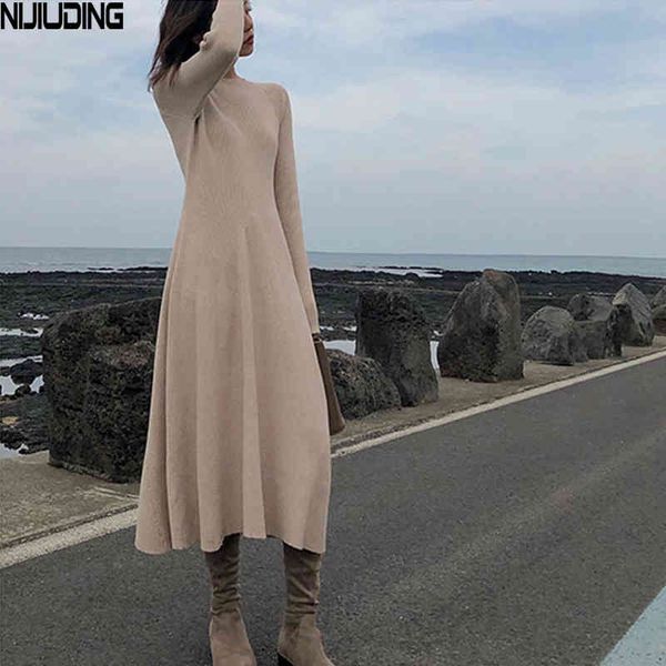 Vestidos de punto de lana larga para mujeres Sweater Séter Séter de cuello de cuello sólido de abrigo