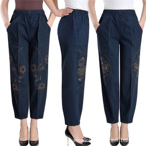Jeans de harem en vrac pour femmes avec élasticité de broderie copains maman femme plus taille pantalon denim décontracté 210514