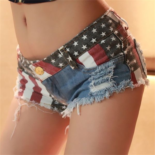 Pantalones cortos de mezclilla rasgados con estampado de bandera estadounidense de talle bajo para mujer Jeans Mini estilo de verano 210719