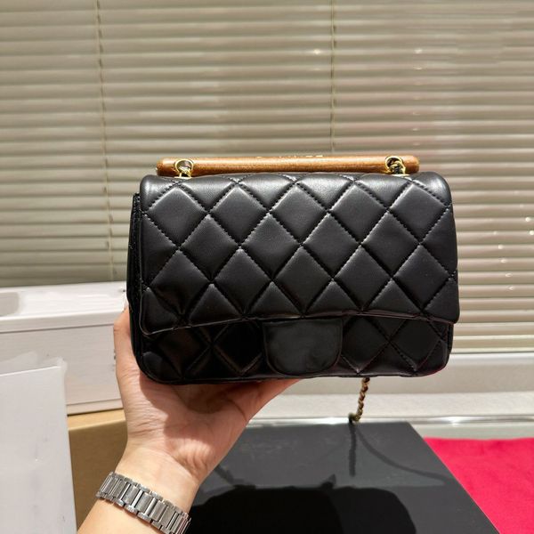 Sac de luxe pour femme CF23A Dernière poignée en bois Mini petit sac en peau d'agneau Sac à bandoulière Sac à bandoulière simple Noir Or Couleur Sac à main assorti Taille 20 cm