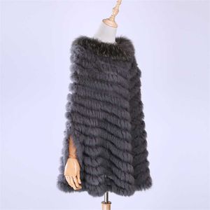 Dames Luxe Pullover Gebreide Echt Konijnenbont Wasbeer Poncho Cape Real Breien Wraps Sjaal Driehoek Jas 211220