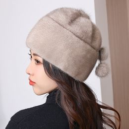 Luxe echte nertsbonthoed voor dames, hoge hoed, stretch, winter, warme mutsen, outdoor-ski-oorlapjes