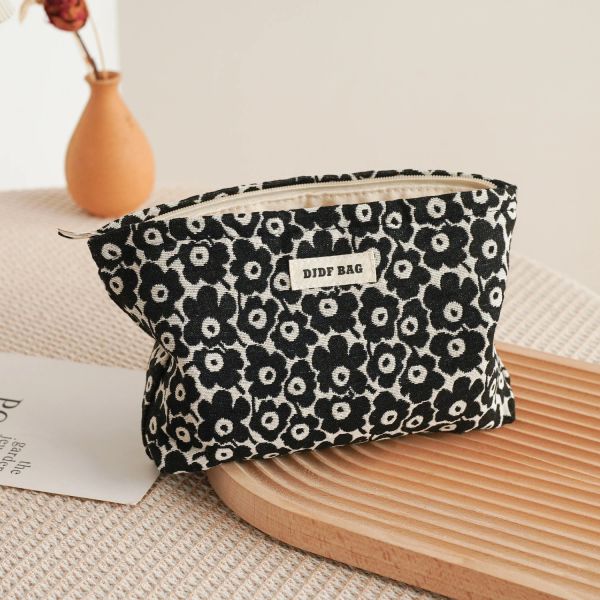 Sac de maquillage pour femmes Modèle de fleur de prune noir et blanc