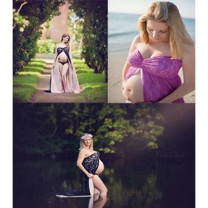 Dames zwangerschap Dual Layer off schouder gesplitst voorkant mouwloze maxi jurk fotografie fotoshoot baby shower