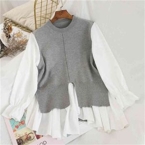 Dames Medium-lange blouse patchwork trui herfst winter mode gebreide jumpers nep twee stukken trui knitwear tops GK376 210507