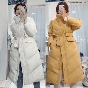 Femmes Moyen Long Mince Hiver Duvet de Canard Veste Hepburn Sac Explosion Modèles Stand Up Col Manteau Femme Taille Réglable 210520